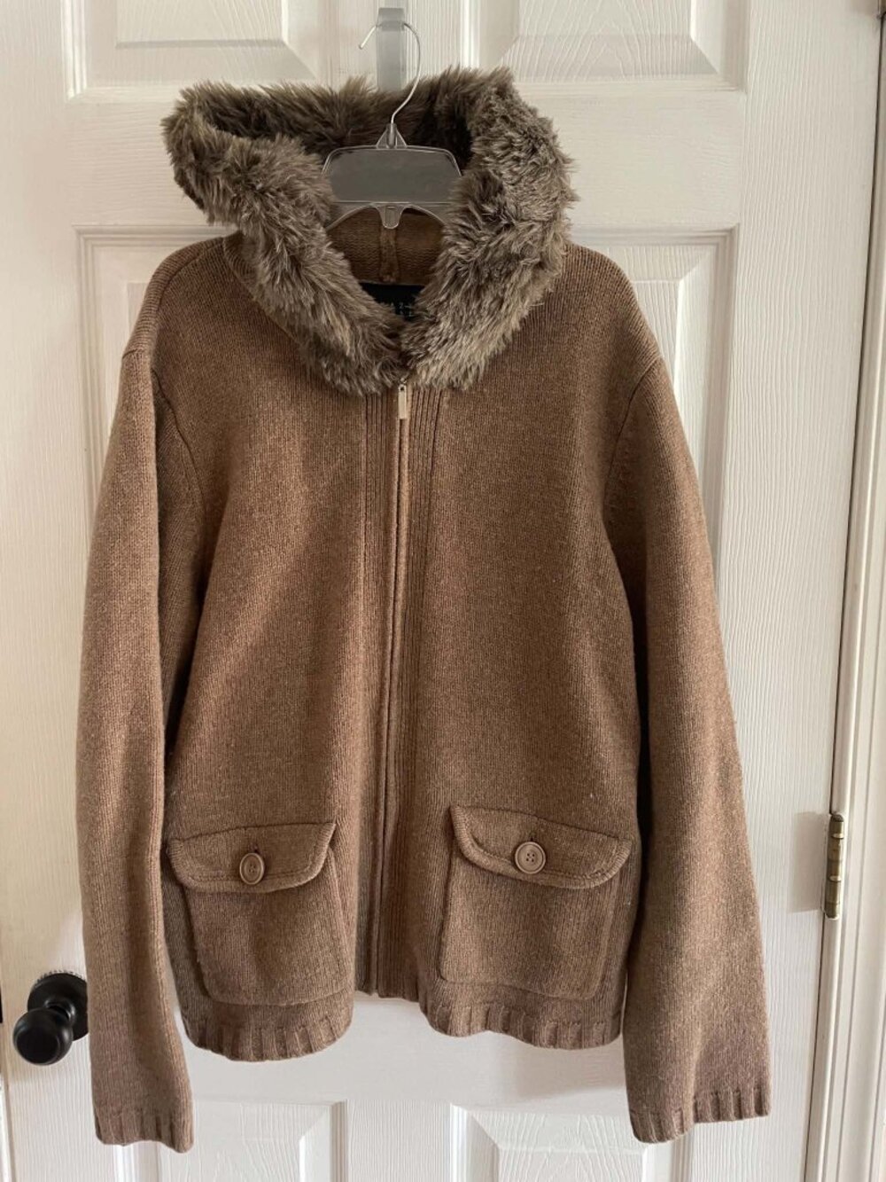 Crazy Horse Liz Claiborne Zip Up Hooded Wool Sweater L Large Excellent